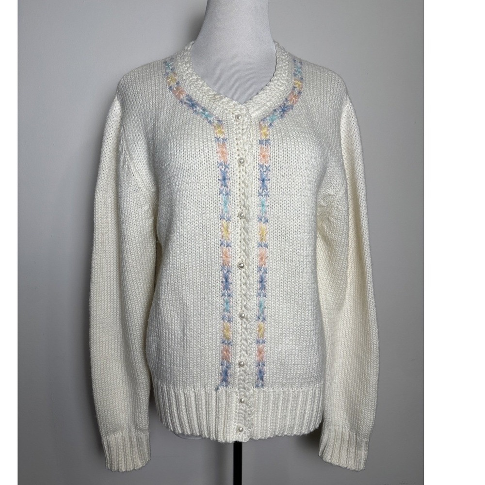 Vintage Womens Embroidered Cardigan Sweater M Coquette Cottage Pastel Soft Girl